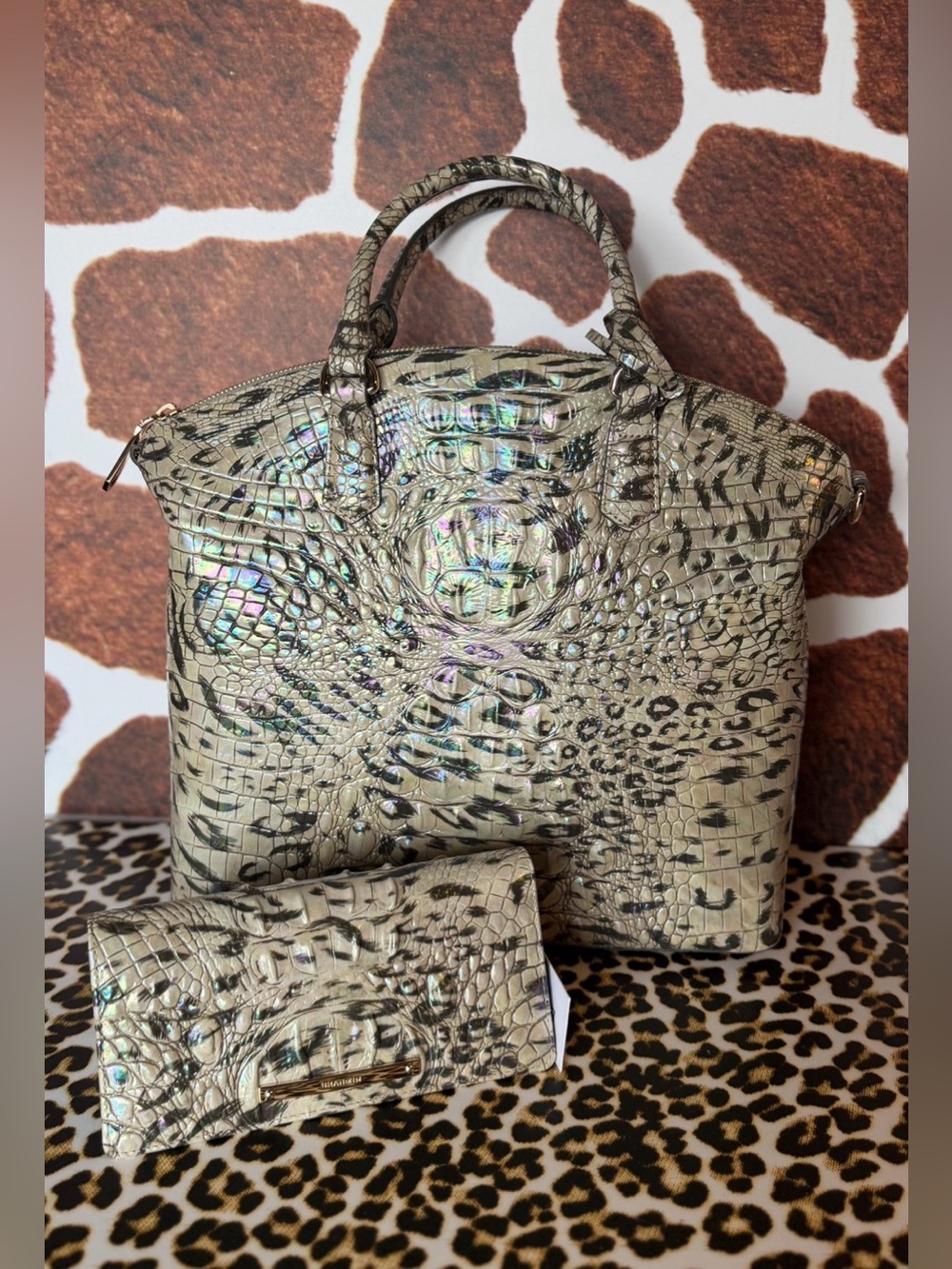NWT BRAHMIN LARGE DUXBURY OBSESSION Animal Print With Wallet Leopard Cheetah - Picture 6 of 16